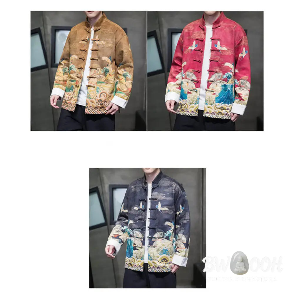 Buddha Stones Frog-Button Chinese Tang Suit Crane Character Long Shirt Cotton Suede Men Jacket Clothing - Men’s Jacket
