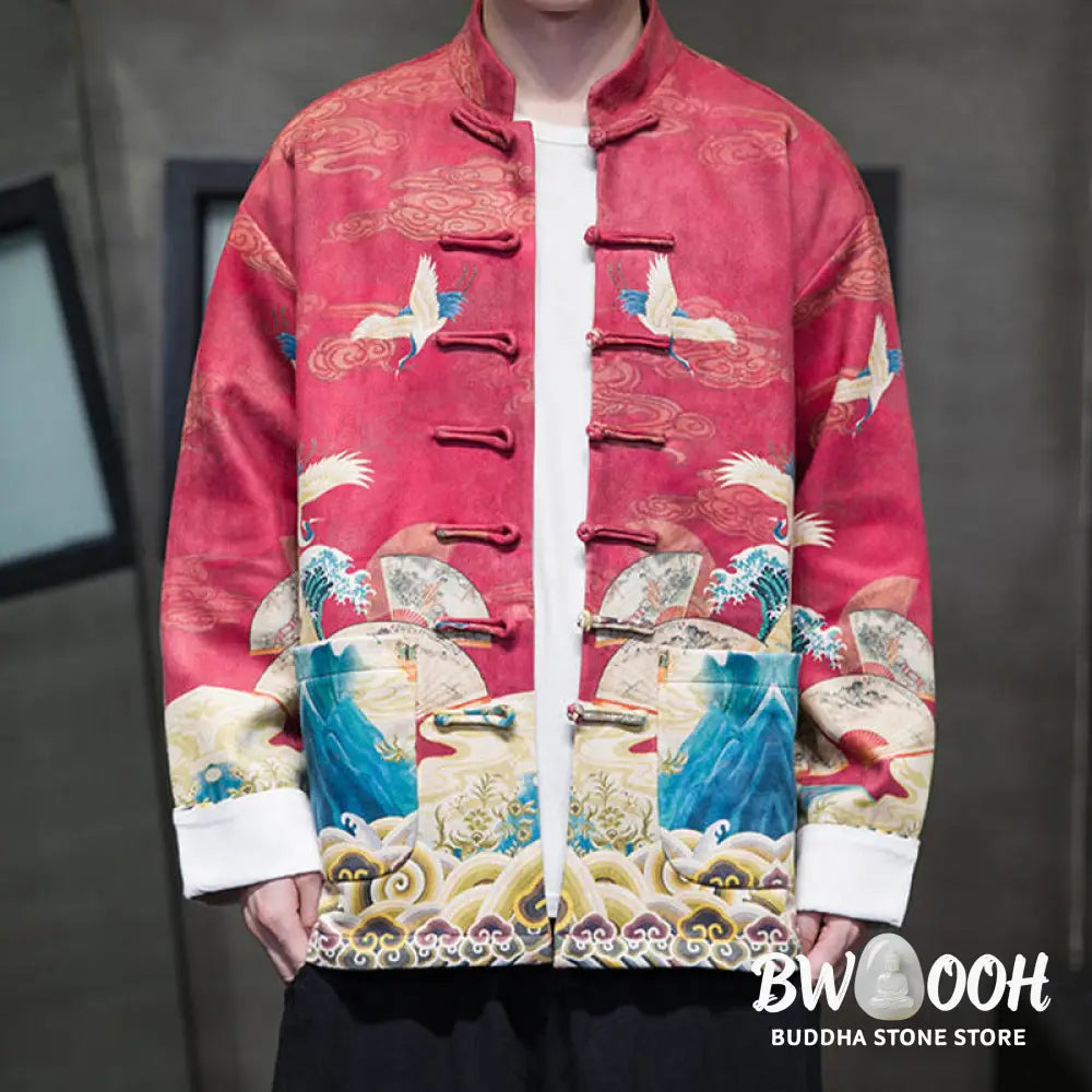Buddha Stones Frog-Button Chinese Tang Suit Crane Character Long Shirt Cotton Suede Men Jacket Clothing - Men’s Jacket