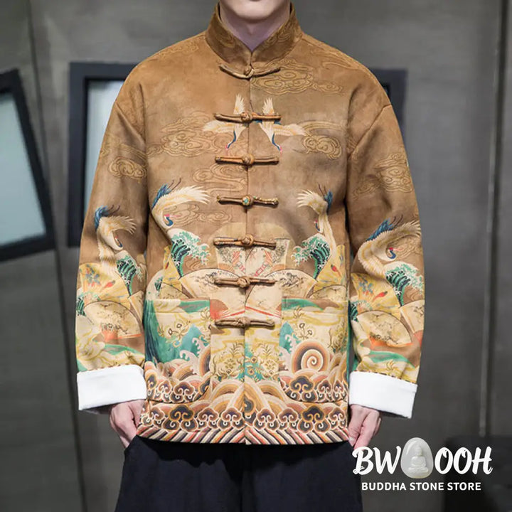 Buddha Stones Frog-Button Chinese Tang Suit Crane Character Long Shirt Cotton Suede Men Jacket Clothing - Men’s Jacket