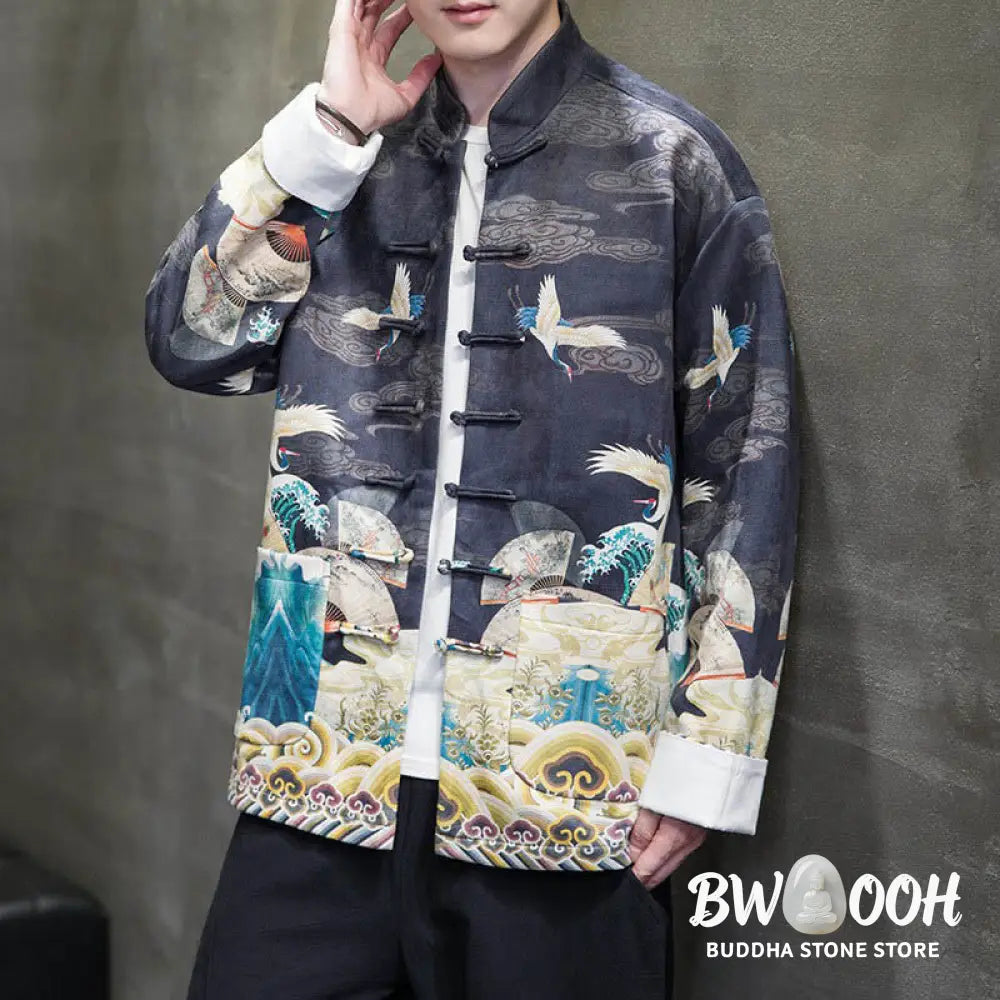 Buddha Stones Frog-Button Chinese Tang Suit Crane Character Long Shirt Cotton Suede Men Jacket Clothing - Men’s Jacket
