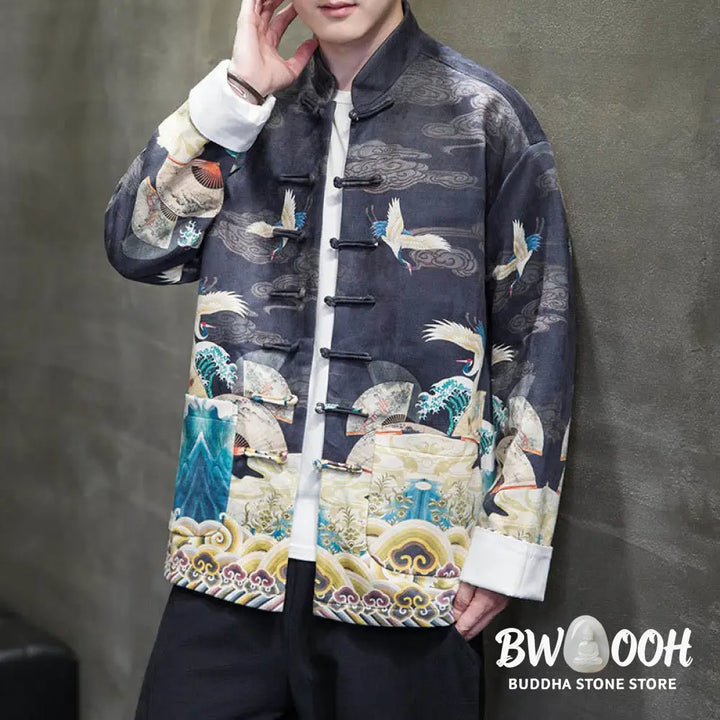 Buddha Stones Frog-Button Chinese Tang Suit Crane Character Long Shirt Cotton Suede Men Jacket Clothing - Men’s Jacket