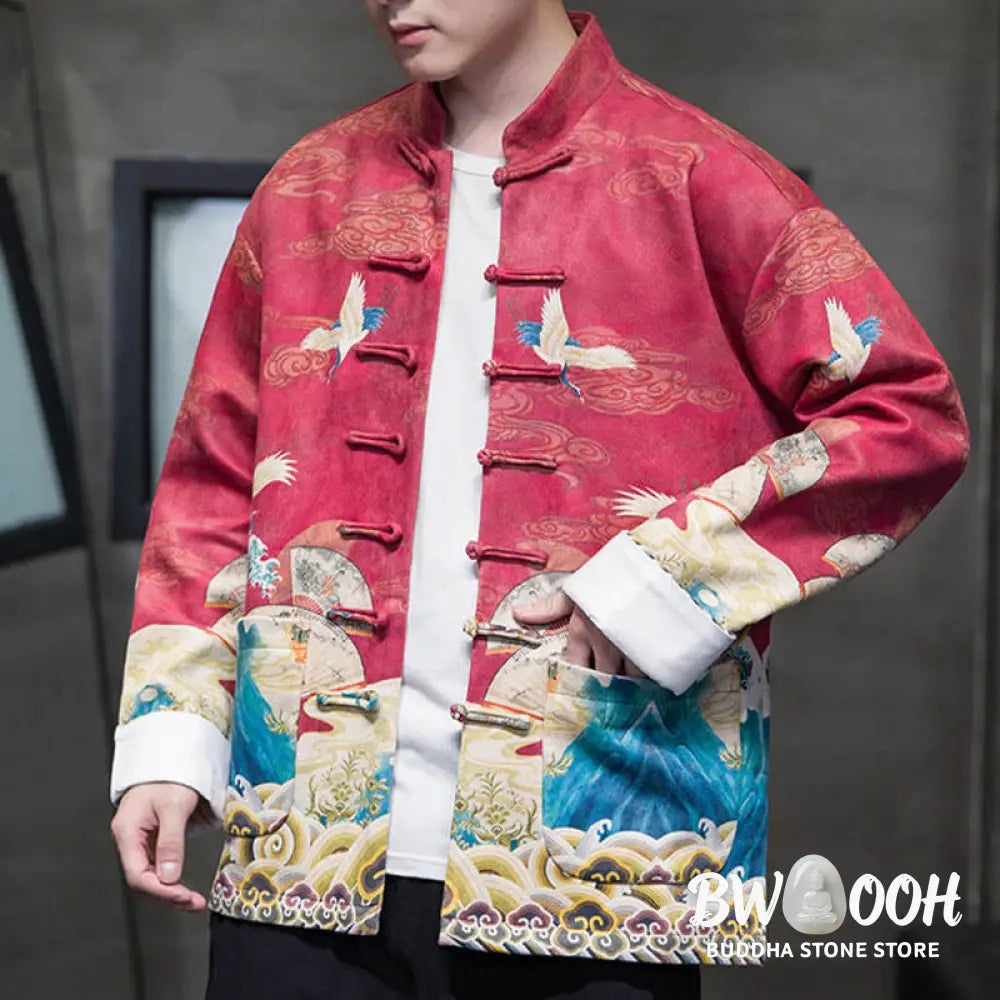 Buddha Stones Frog-Button Chinese Tang Suit Crane Character Long Shirt Cotton Suede Men Jacket Clothing - Men’s Jacket