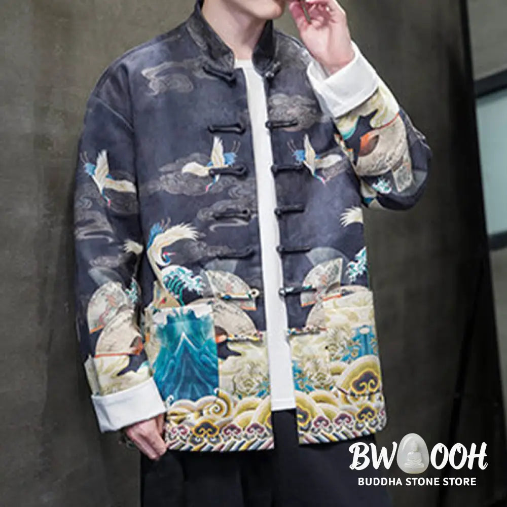 Buddha Stones Frog-Button Chinese Tang Suit Crane Character Long Shirt Cotton Suede Men Jacket Clothing - Men’s Jacket