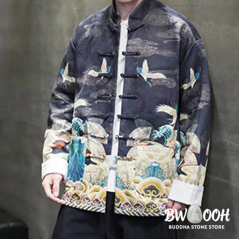 Buddha Stones Frog-Button Chinese Tang Suit Crane Character Long Shirt Cotton Suede Men Jacket Clothing - Men’s Jacket
