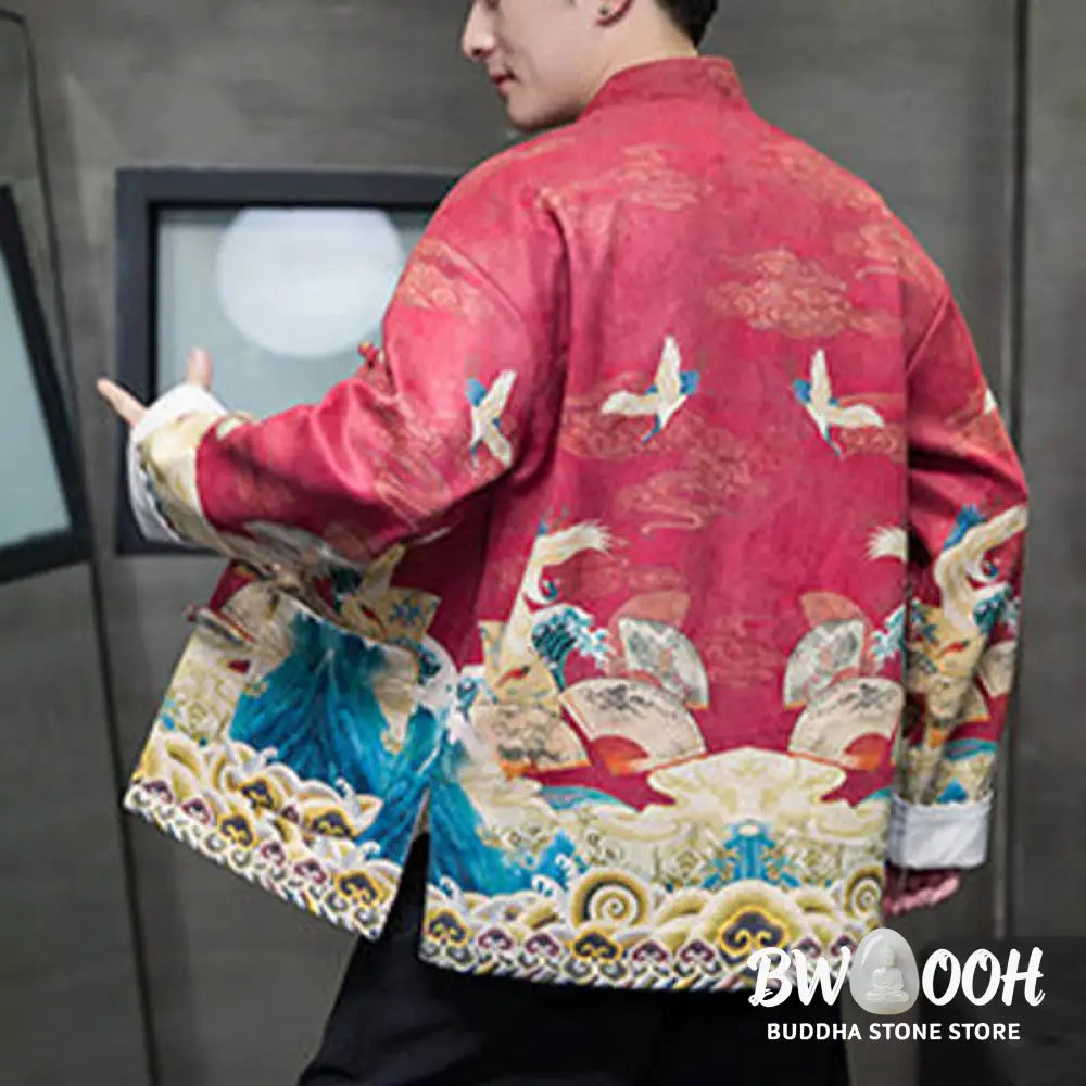 Buddha Stones Frog-Button Chinese Tang Suit Crane Character Long Shirt Cotton Suede Men Jacket Clothing - Men’s Jacket