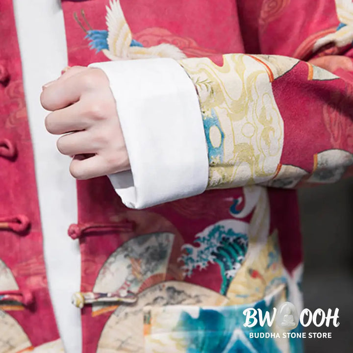 Buddha Stones Frog-Button Chinese Tang Suit Crane Character Long Shirt Cotton Suede Men Jacket Clothing - Men’s Jacket