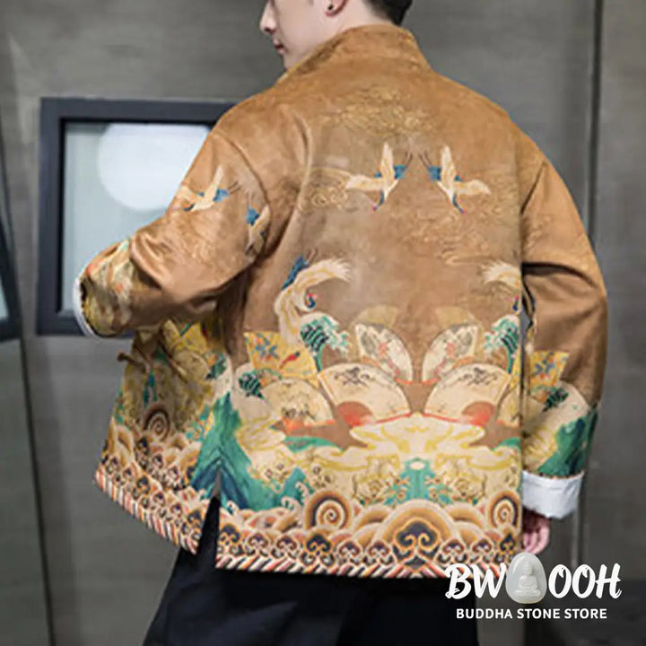 Buddha Stones Frog-Button Chinese Tang Suit Crane Character Long Shirt Cotton Suede Men Jacket Clothing - Men’s Jacket