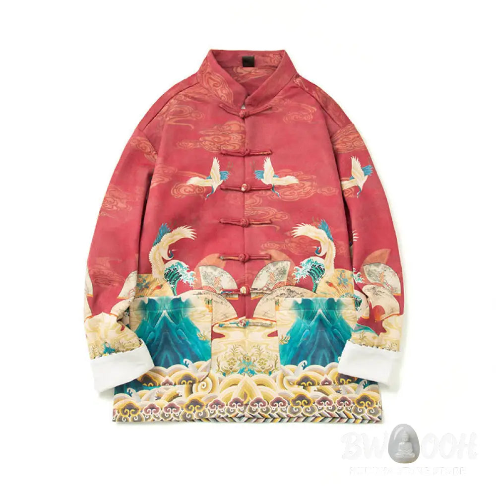 Buddha Stones Frog-Button Chinese Tang Suit Crane Character Long Shirt Cotton Suede Men Jacket Clothing - Men’s Jacket