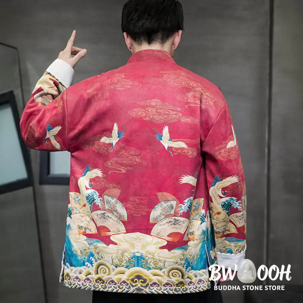 Buddha Stones Frog-Button Chinese Tang Suit Crane Character Long Shirt Cotton Suede Men Jacket Clothing - Men’s Jacket