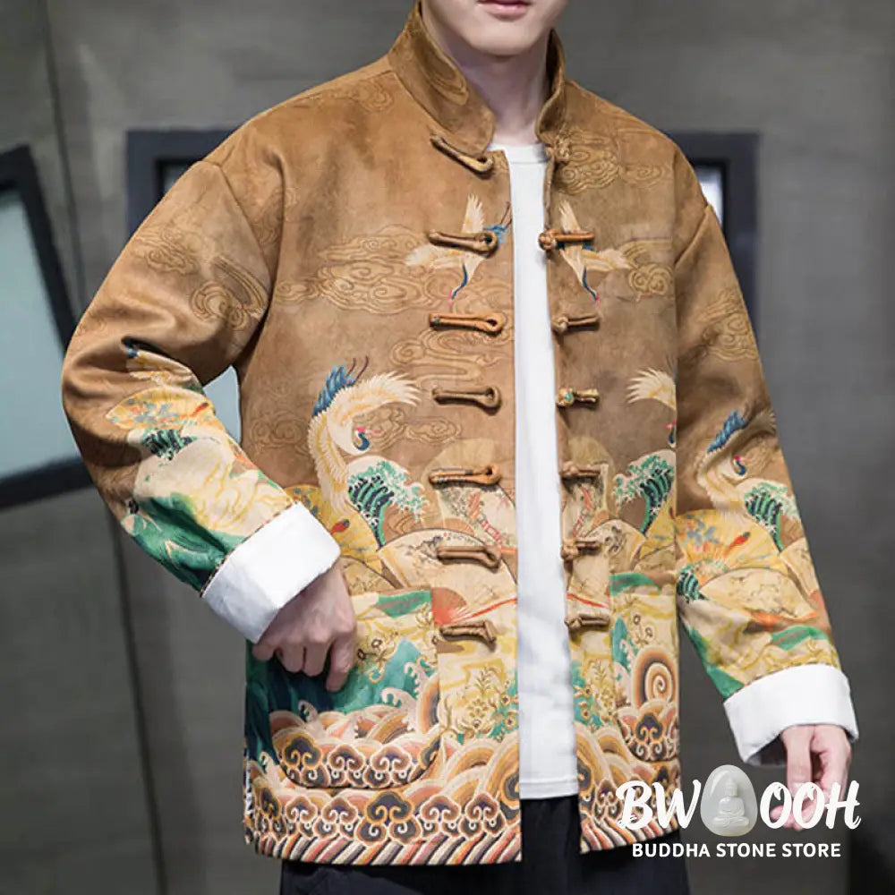 Buddha Stones Frog-Button Chinese Tang Suit Crane Character Long Shirt Cotton Suede Men Jacket Clothing - Men’s Jacket