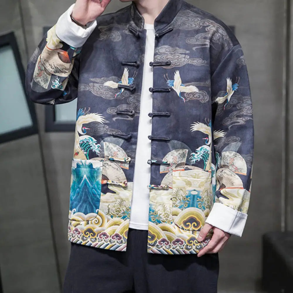 Buddha Stones Frog-Button Chinese Tang Suit Crane Character Long Shirt Cotton Suede Men Jacket Clothing - MidnightBlue