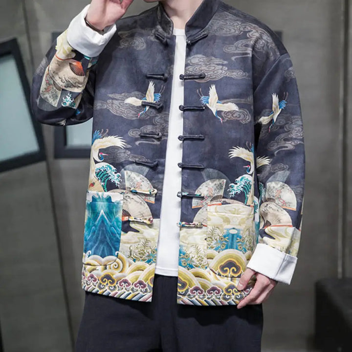 Buddha Stones Frog-Button Chinese Tang Suit Crane Character Long Shirt Cotton Suede Men Jacket Clothing - MidnightBlue