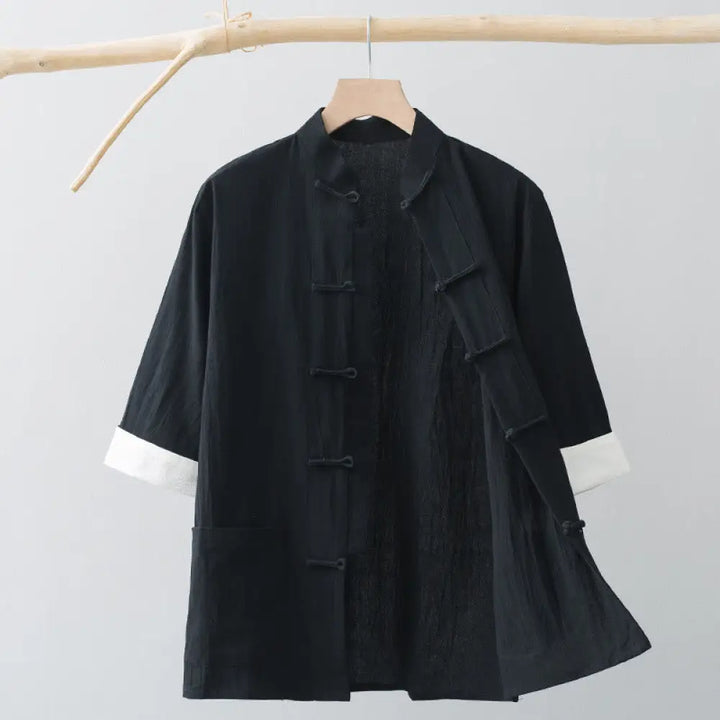 Buddha Stones Frog-Button Chinese Tang Suit Half Sleeve Shirt Cotton Men Clothing With Pockets - Black