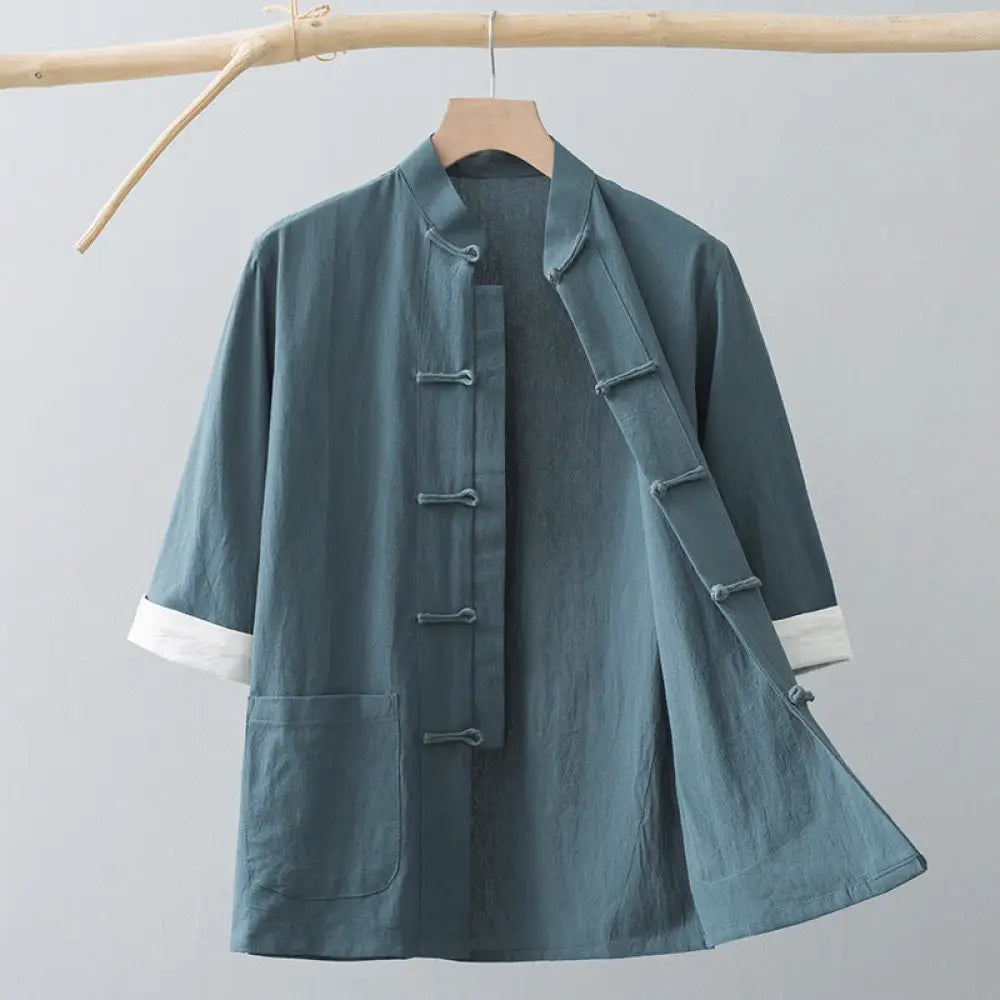 Buddha Stones Frog-Button Chinese Tang Suit Half Sleeve Shirt Cotton Men Clothing With Pockets - Gray Green