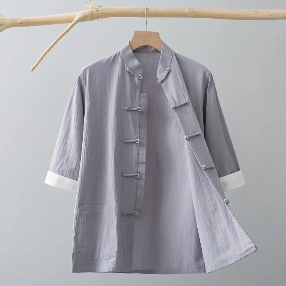 Buddha Stones Frog-Button Chinese Tang Suit Half Sleeve Shirt Cotton Men Clothing With Pockets - Gray / US/UK/AU34，EU44