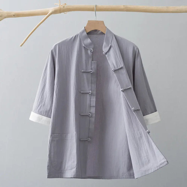 Buddha Stones Frog-Button Chinese Tang Suit Half Sleeve Shirt Cotton Men Clothing With Pockets - Gray / US/UK/AU34，EU44