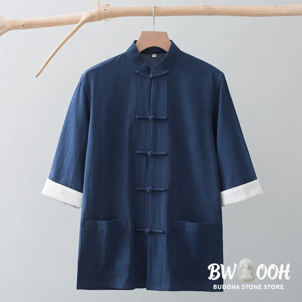 Buddha Stones Frog-Button Chinese Tang Suit Half Sleeve Shirt Cotton Men Clothing With Pockets - Men’s Shirts