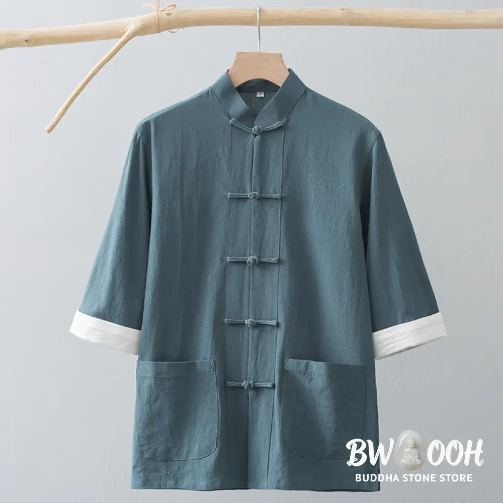 Buddha Stones Frog-Button Chinese Tang Suit Half Sleeve Shirt Cotton Men Clothing With Pockets - Men’s Shirts