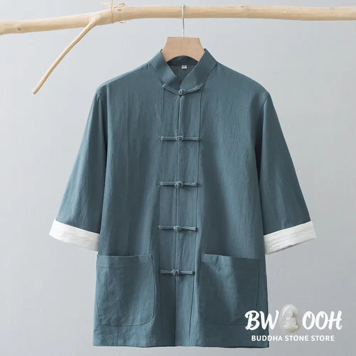 Buddha Stones Frog-Button Chinese Tang Suit Half Sleeve Shirt Cotton Men Clothing With Pockets - Men’s Shirts
