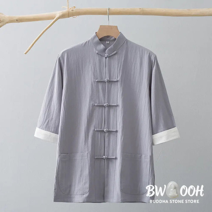 Buddha Stones Frog-Button Chinese Tang Suit Half Sleeve Shirt Cotton Men Clothing With Pockets - Men’s Shirts