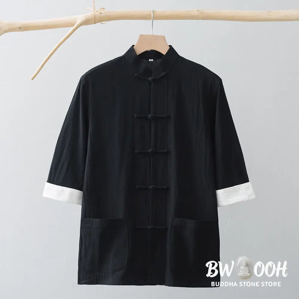 Buddha Stones Frog-Button Chinese Tang Suit Half Sleeve Shirt Cotton Men Clothing With Pockets - Men’s Shirts