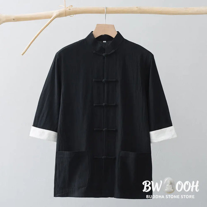 Buddha Stones Frog-Button Chinese Tang Suit Half Sleeve Shirt Cotton Men Clothing With Pockets - Men’s Shirts