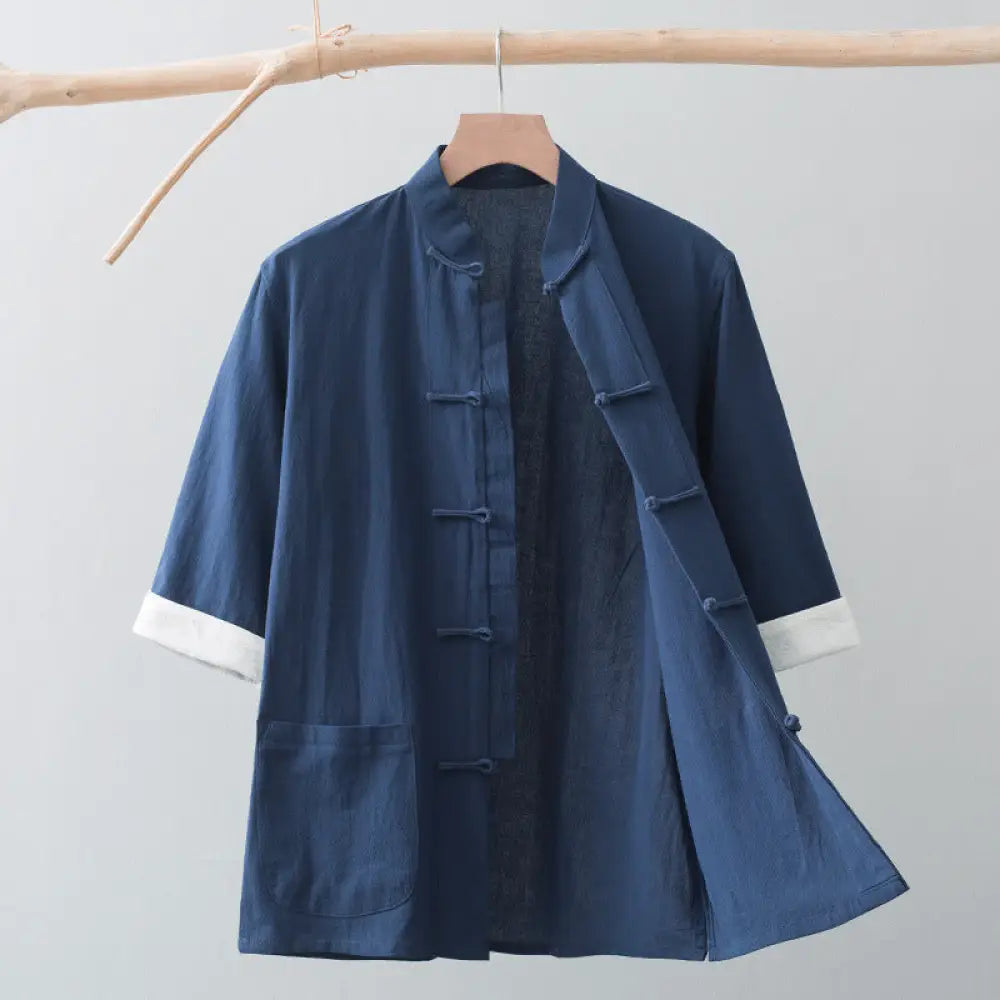 Buddha Stones Frog-Button Chinese Tang Suit Half Sleeve Shirt Cotton Men Clothing With Pockets - Navy Blue