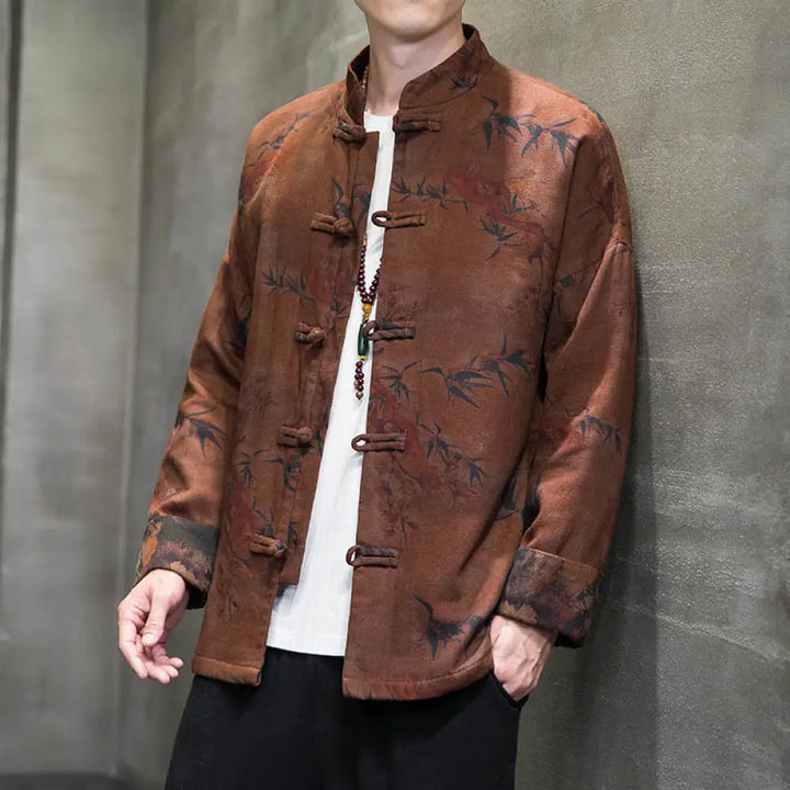 Buddha Stones Frog-Button Chinese Tang Suit Long Shirt Cotton Men Jacket Clothing - DarkGoldenrod / US/UK/AU34，EU44 (M)