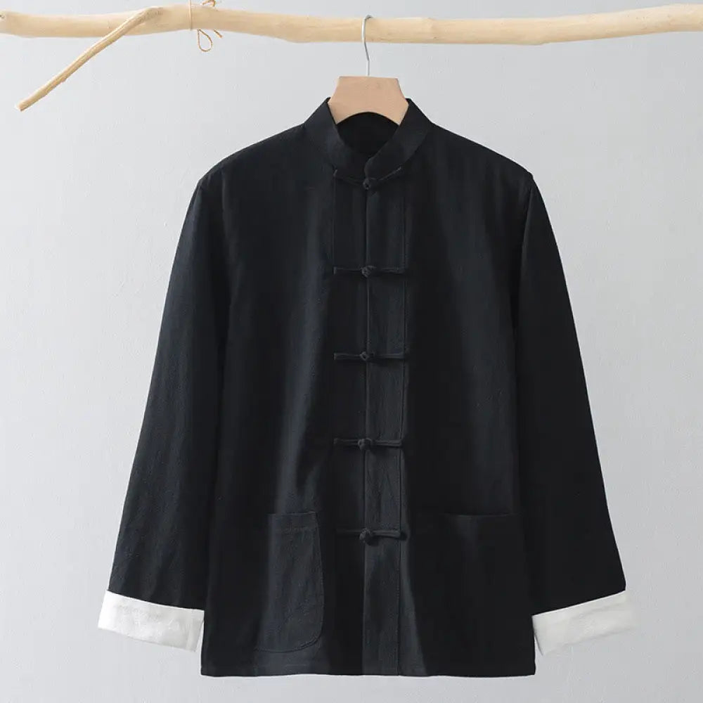 Buddha Stones Frog-Button Chinese Tang Suit Shirt Cotton Linen Men Jacket Clothing - Black Shirt&amp;White Frog Button
