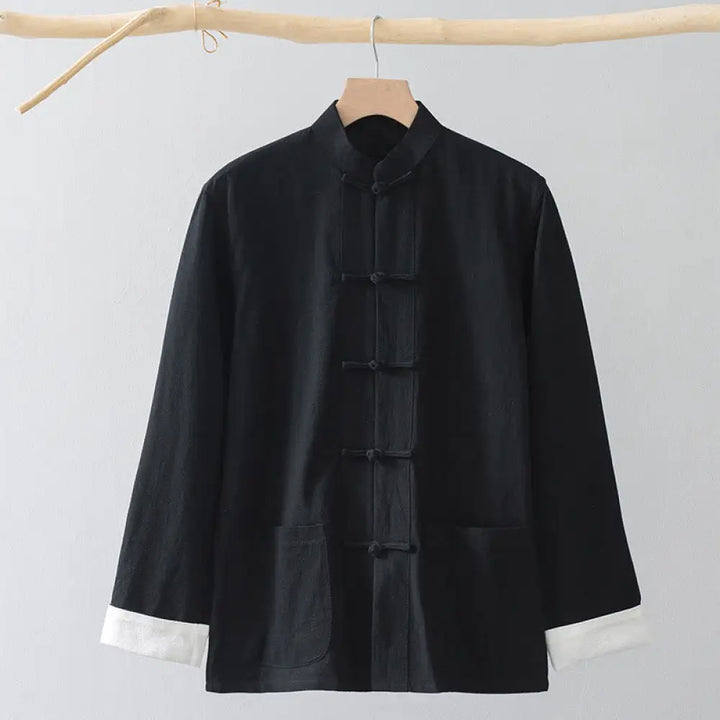 Buddha Stones Frog-Button Chinese Tang Suit Shirt Cotton Linen Men Jacket Clothing - Black Shirt&amp;White Frog Button