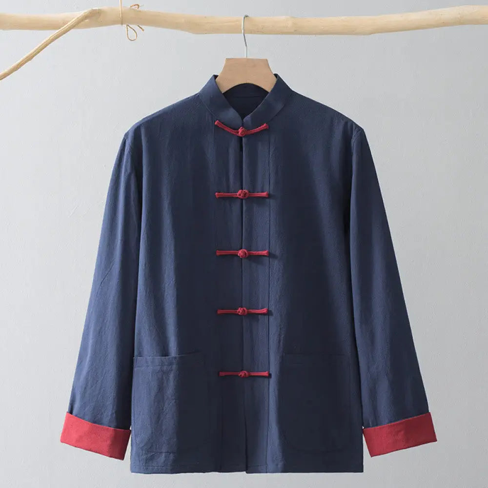Buddha Stones Frog-Button Chinese Tang Suit Shirt Cotton Linen Men Jacket Clothing - Blue Shirt&amp;Red Frog Button