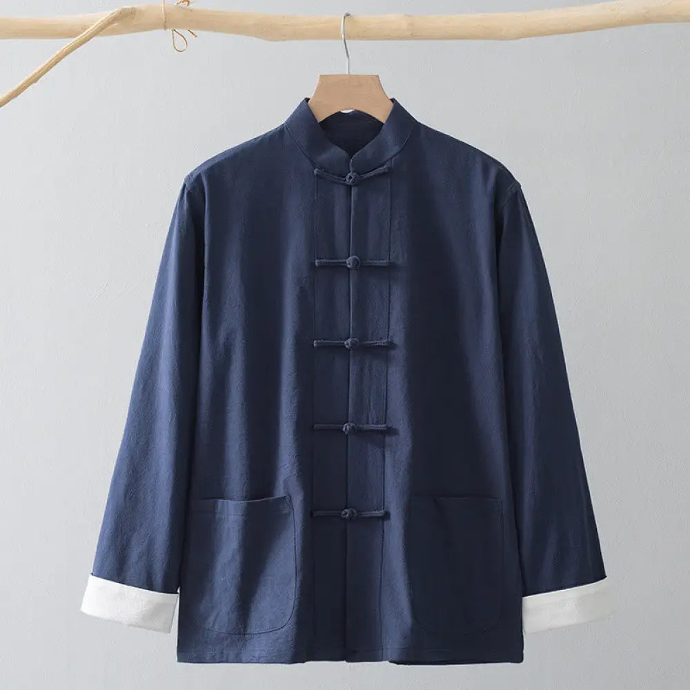 Buddha Stones Frog-Button Chinese Tang Suit Shirt Cotton Linen Men Jacket Clothing - Blue Shirt&amp;White Frog Button