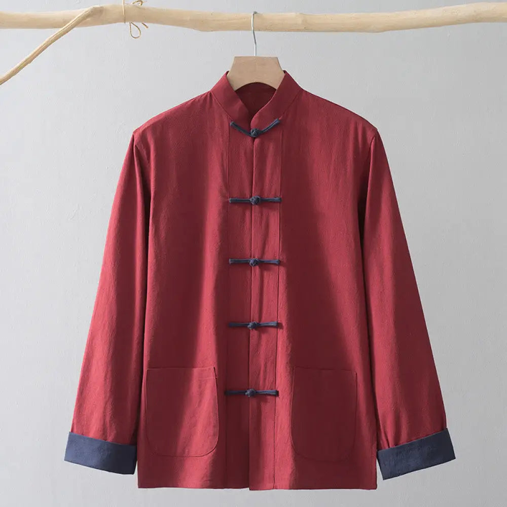 Buddha Stones Frog-Button Chinese Tang Suit Shirt Cotton Linen Men Jacket Clothing - Red Shirt&amp;Blue Frog Button