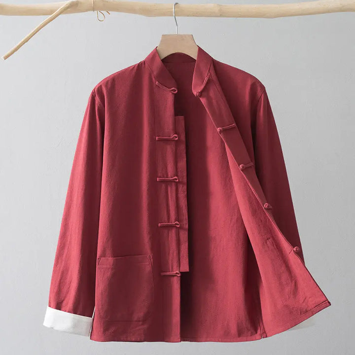 Buddha Stones Frog-Button Chinese Tang Suit Shirt Cotton Linen Men Jacket Clothing - Red Shirt&amp;White Frog Button