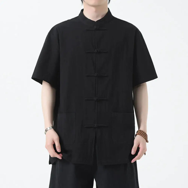 Buddha Stones Frog-Button Chinese Tang Suit Short Sleeve Shirt Linen Men Clothing With Pockets - Black