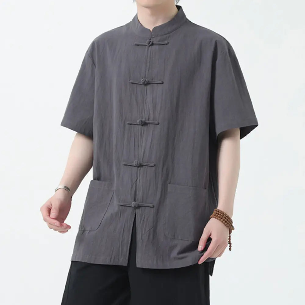 Buddha Stones Frog-Button Chinese Tang Suit Short Sleeve Shirt Linen Men Clothing With Pockets - Gray / US/UK/AU32，EU42