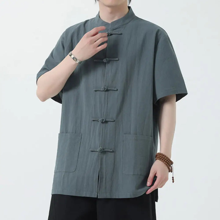 Buddha Stones Frog-Button Chinese Tang Suit Short Sleeve Shirt Linen Men Clothing With Pockets - LightSlateGray