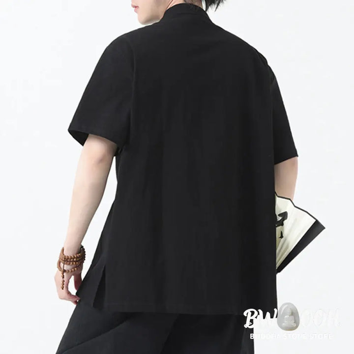Buddha Stones Frog-Button Chinese Tang Suit Short Sleeve Shirt Linen Men Clothing With Pockets - Men’s Shirts