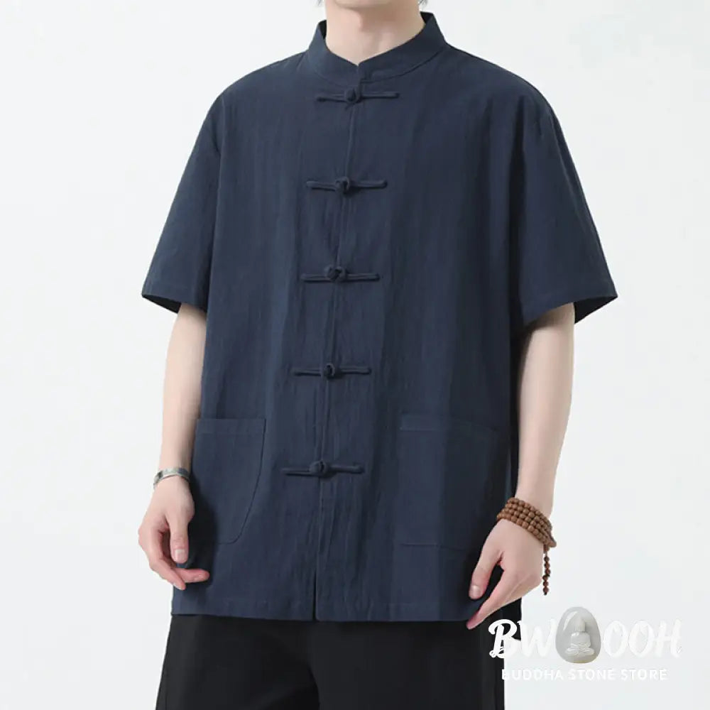 Buddha Stones Frog-Button Chinese Tang Suit Short Sleeve Shirt Linen Men Clothing With Pockets - Men’s Shirts