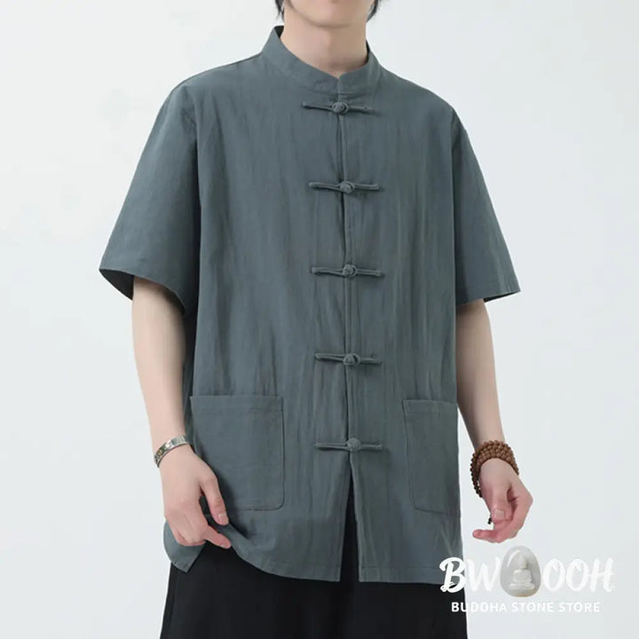 Buddha Stones Frog-Button Chinese Tang Suit Short Sleeve Shirt Linen Men Clothing With Pockets - Men’s Shirts
