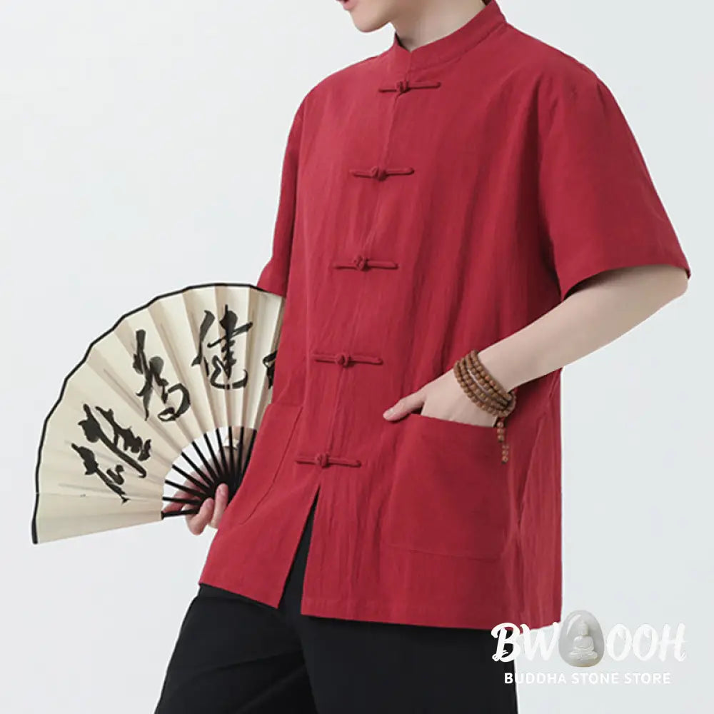 Buddha Stones Frog-Button Chinese Tang Suit Short Sleeve Shirt Linen Men Clothing With Pockets - Men’s Shirts