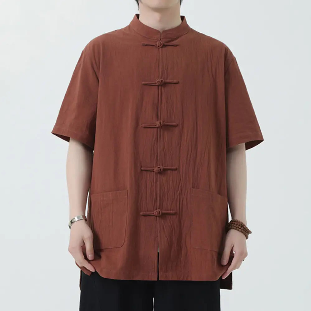 Buddha Stones Frog-Button Chinese Tang Suit Short Sleeve Shirt Linen Men Clothing With Pockets - Peru / US/UK/AU32，EU42