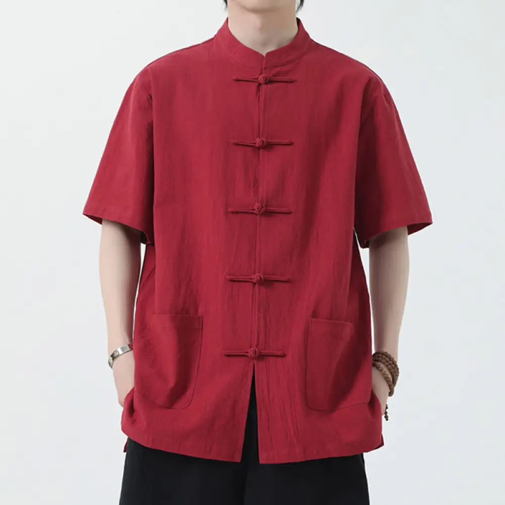 Buddha Stones Frog-Button Chinese Tang Suit Short Sleeve Shirt Linen Men Clothing With Pockets - Red / US/UK/AU32，EU42
