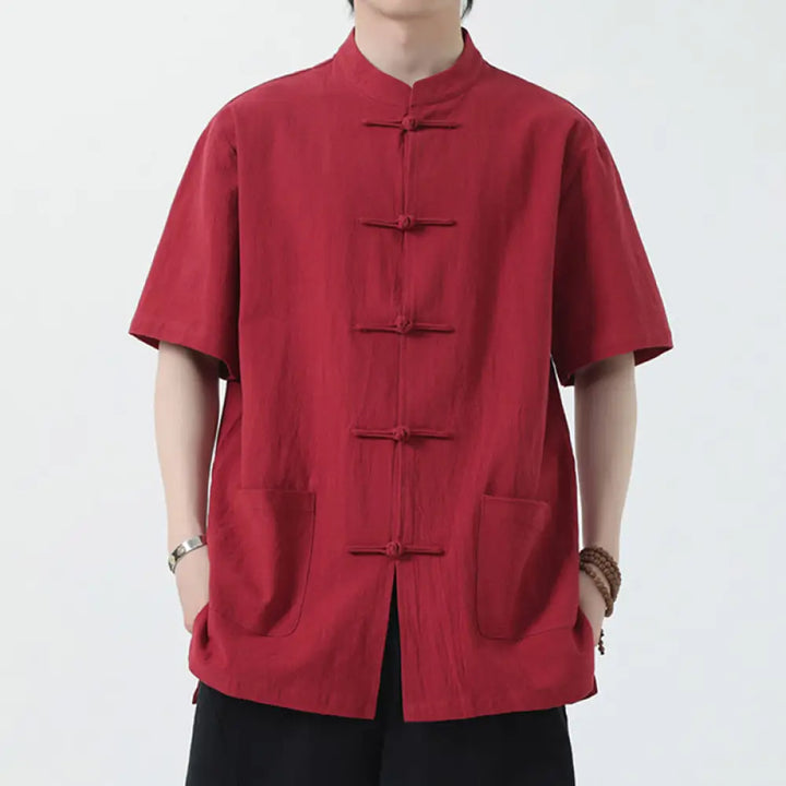 Buddha Stones Frog-Button Chinese Tang Suit Short Sleeve Shirt Linen Men Clothing With Pockets - Red / US/UK/AU32，EU42