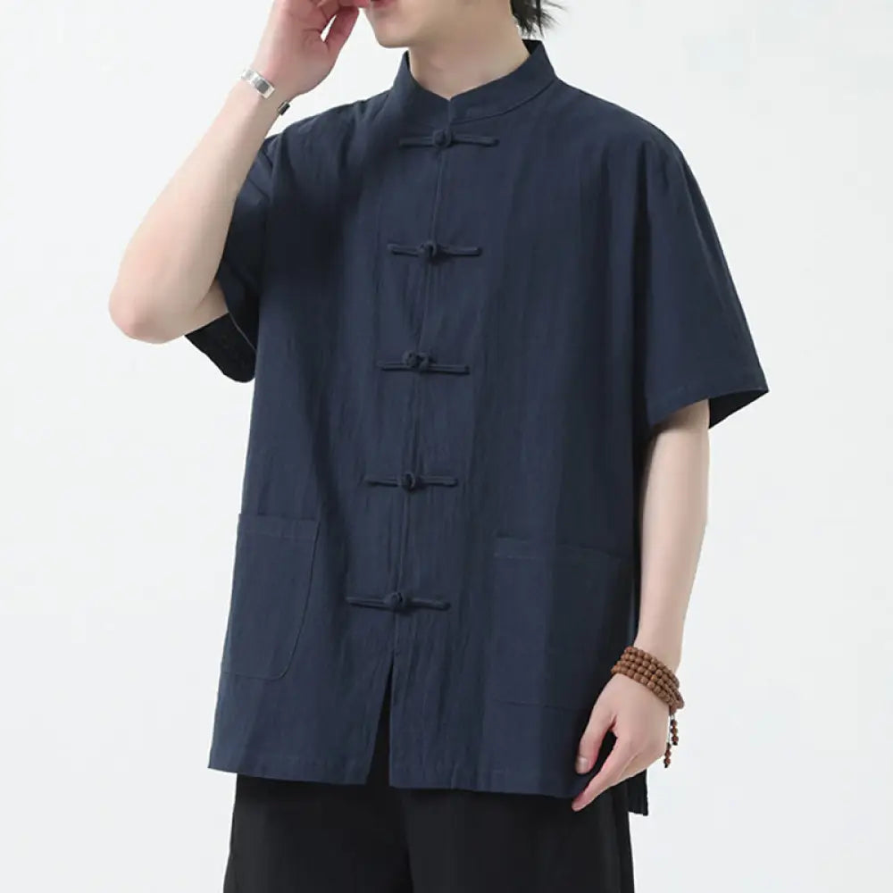Buddha Stones Frog-Button Chinese Tang Suit Short Sleeve Shirt Linen Men Clothing With Pockets - SteelBlue