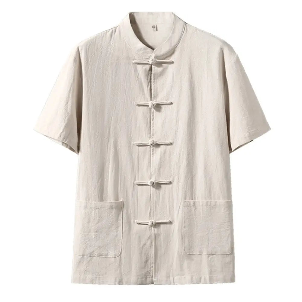 Buddha Stones Frog-Button Chinese Tang Suit Short Sleeve Shirt Linen Men Clothing With Pockets - Linen