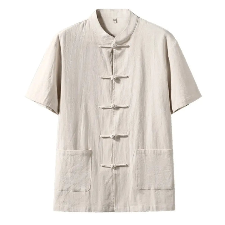 Buddha Stones Frog-Button Chinese Tang Suit Short Sleeve Shirt Linen Men Clothing With Pockets - Linen