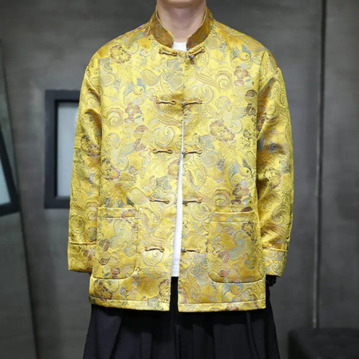 Buddha Stones Frog-Button Chinese Tang Suit Stand Collar Long Shirt Men Jacket Clothing - Gold / US/UK/AU34，EU44 (M)