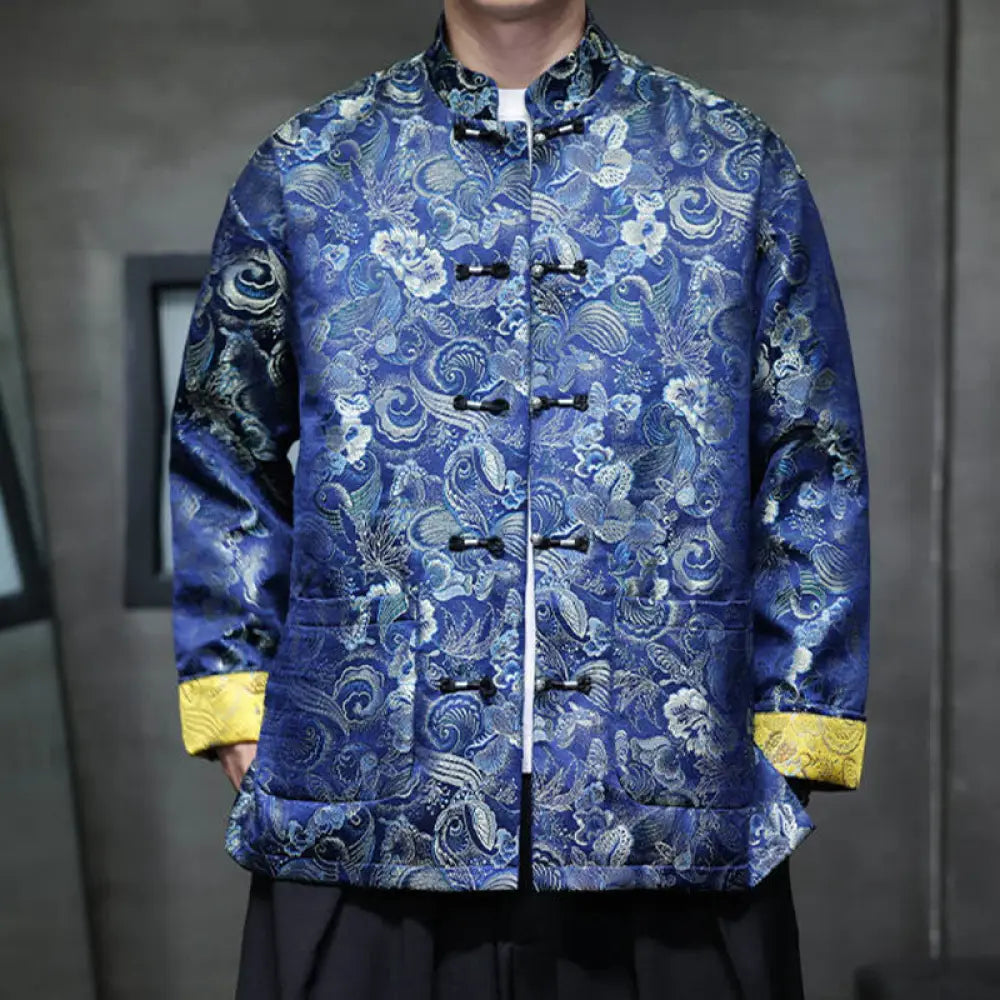 Buddha Stones Frog-Button Chinese Tang Suit Stand Collar Long Shirt Men Jacket Clothing - MediumBlue / US/UK/AU34，EU44