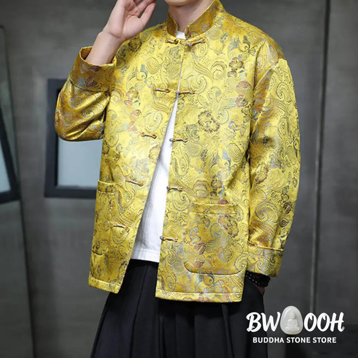 Buddha Stones Frog-Button Chinese Tang Suit Stand Collar Long Shirt Men Jacket Clothing - Men’s Jacket Shirt